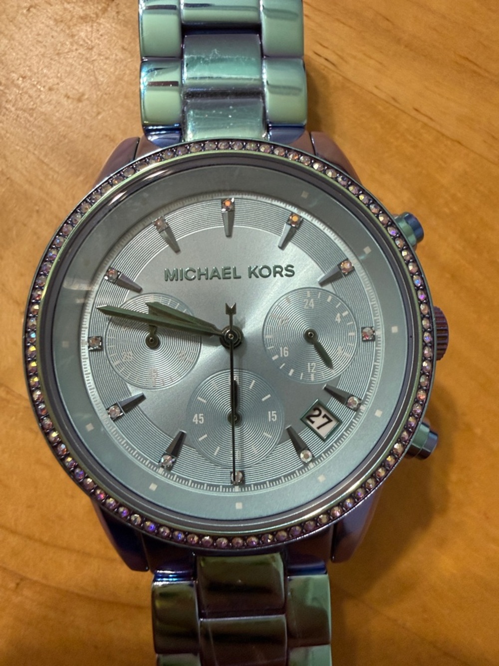 Michael Kors iridescent teal and purple crystal bezel chronograph watch